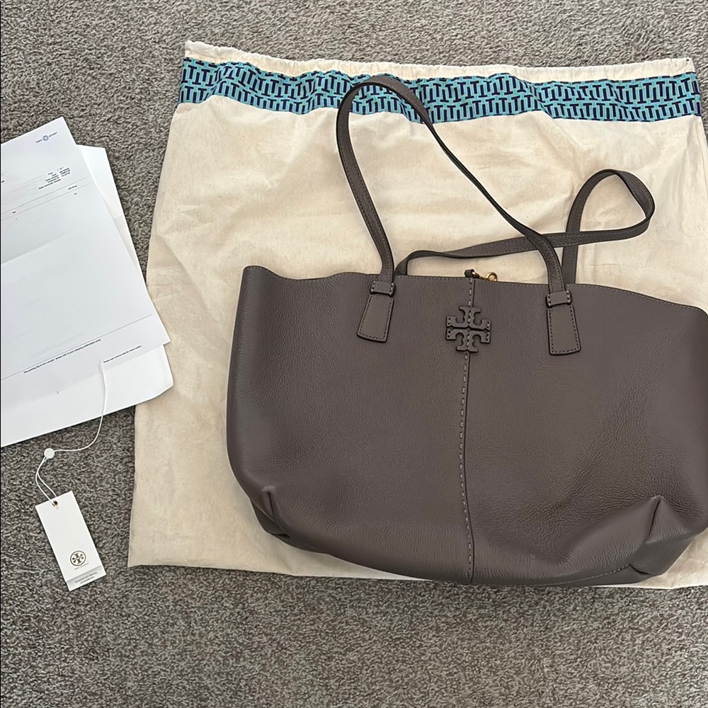 Tory Burch Gray McGraw Classic Tote with Embossed Logo